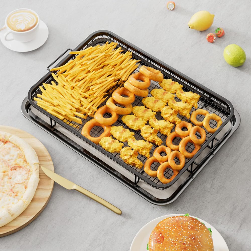THORSES Air Fryer Basket - Large 15.7" x 11.6" Non-Stick Stainless Steel Tray with 30 Parchment Sheets - Black