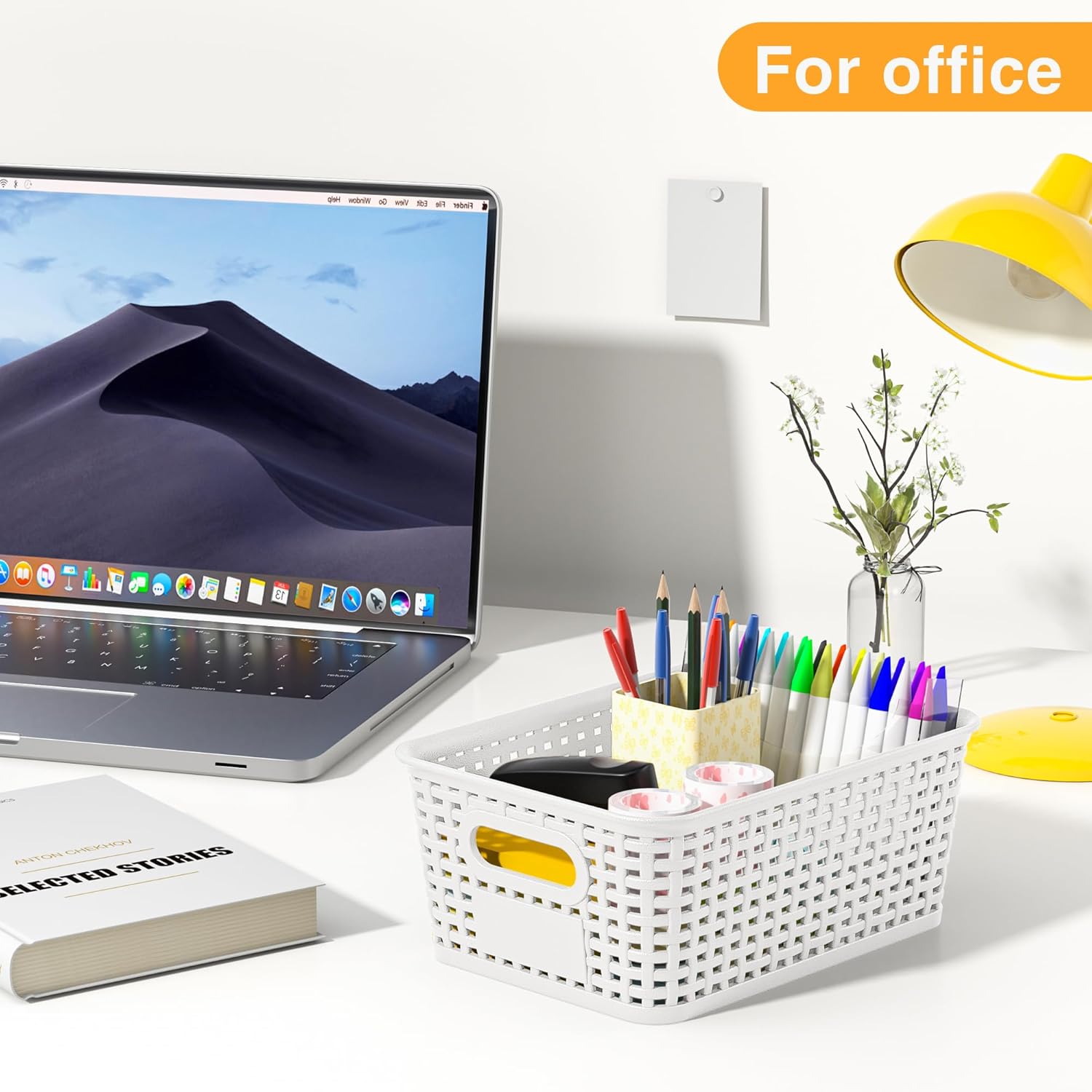 White Plastic Storage Baskets by [Brand Name] - Durable Stackable Bins with Labels | Pack of 8 for Organizing Desktops, Closets & Offices