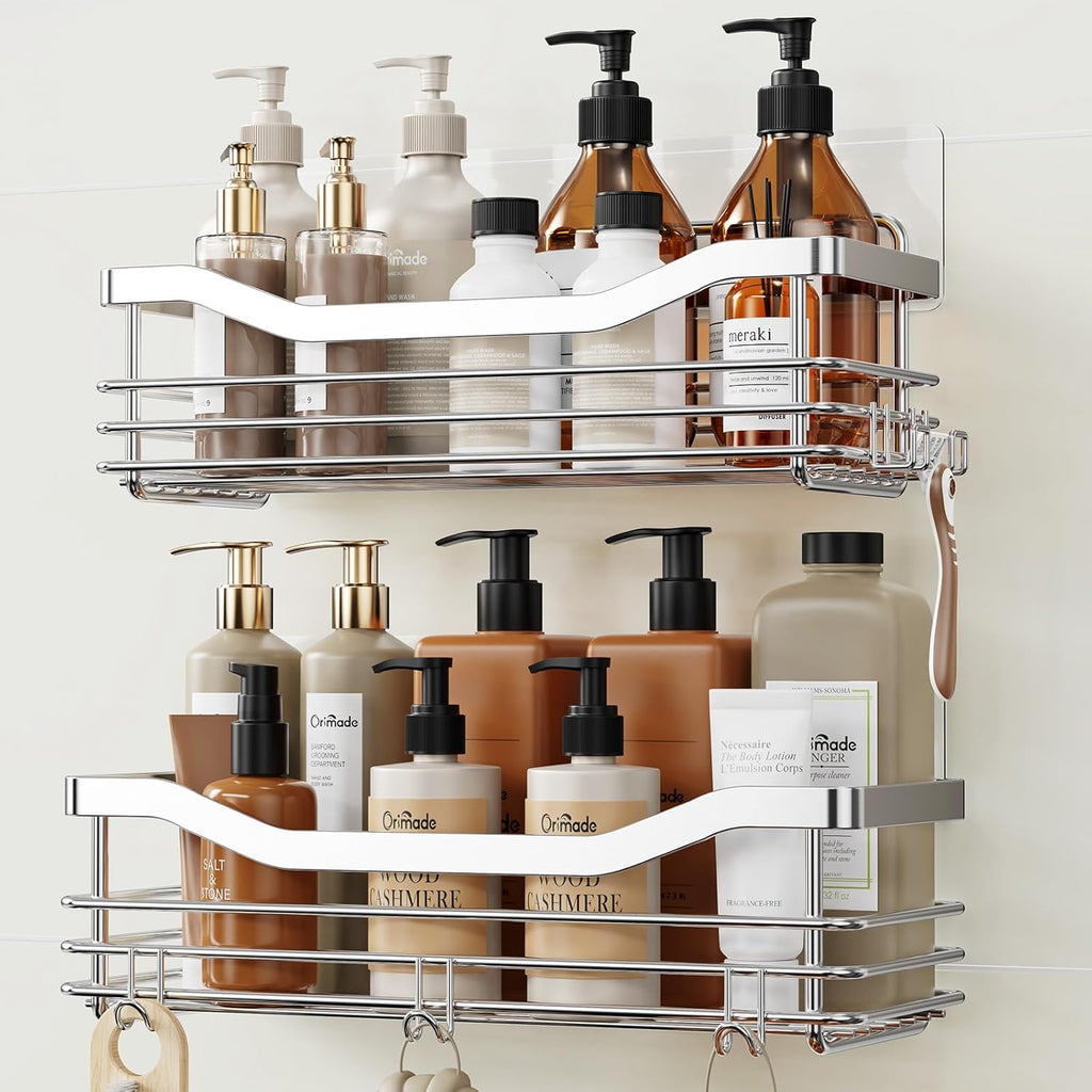 Orimade Shower Caddy - Wall-Mounted Storage Rack | Rust-Resistant Stainless Steel, Pack of 2 with 5 Hooks
