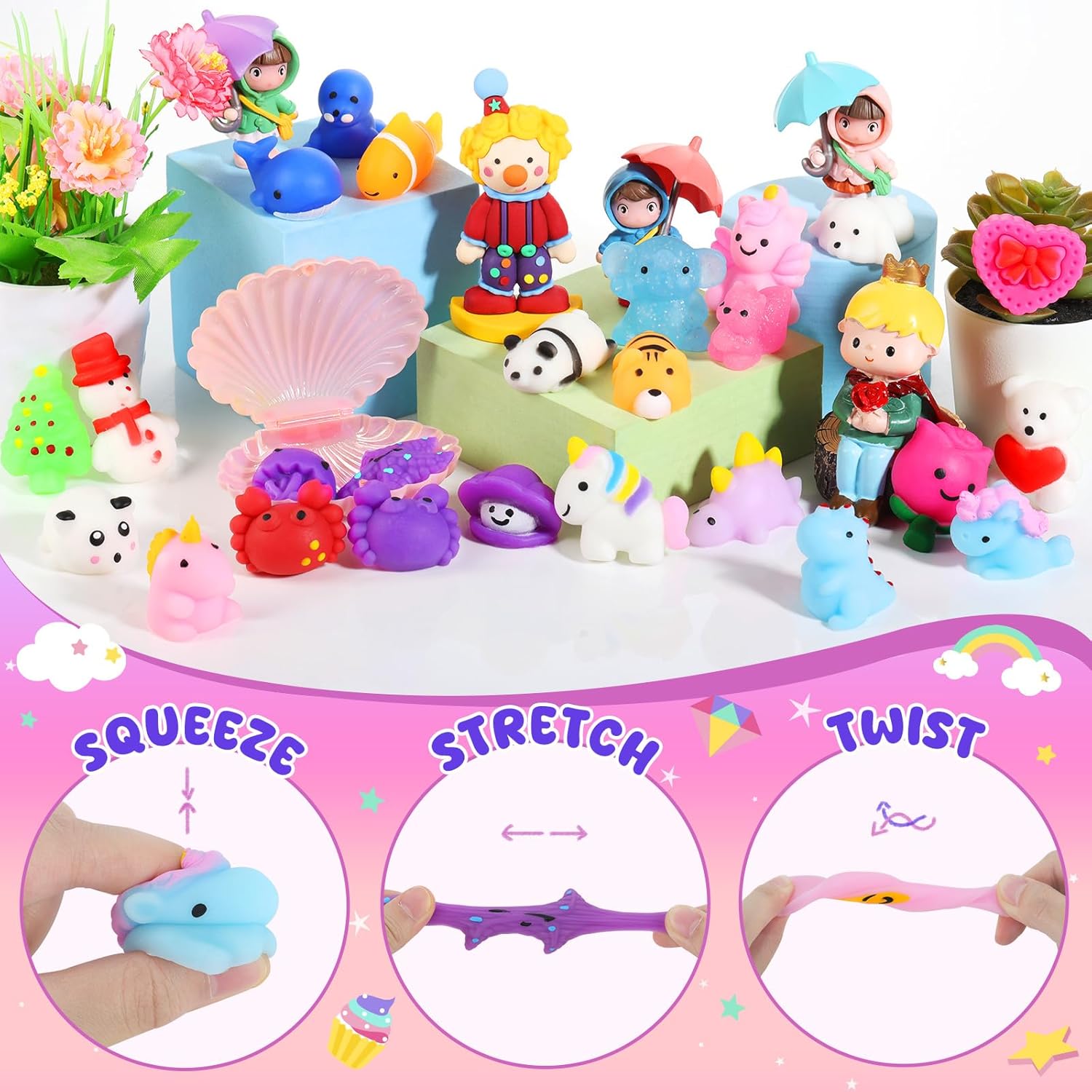 Zefy 80 Pcs Mochi Squishy Toys - Fun Fidget Toys for Kids | Perfect Valentine Party Favors & Classroom Prizes