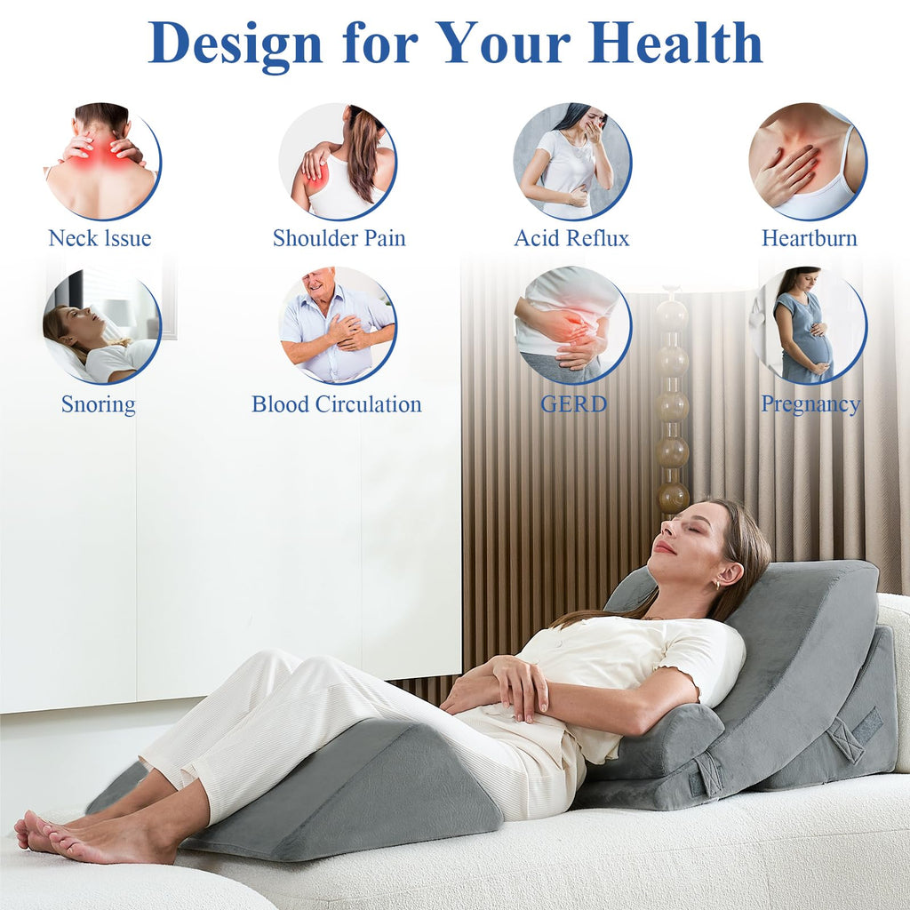 4PCS Orthopedic Bed Wedge Pillow Set, Post Surgery 45D Memory Foam for Back, Neck, and Leg Pain Relief Pleasing & Adjustable Support Pillows-Ease Acid Reflux & GRED with Better Sleep, Dark Grey