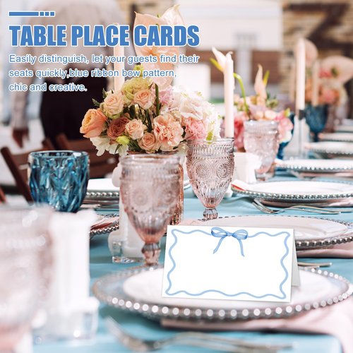 Whaline 100Pcs Blue Bow Place Card 2 x 3.5 Inch Cute Bowknot Tented Card Table Name Sign for Party Banquet Reception Table Setting Supplies
