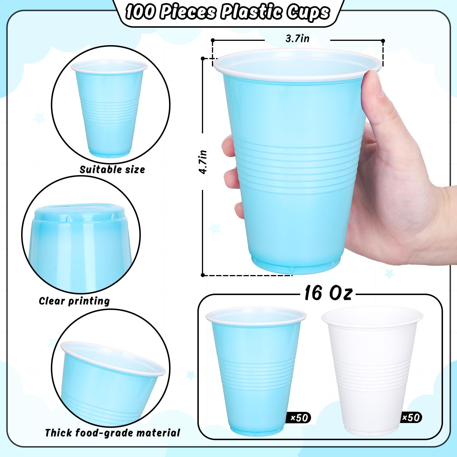 FYSUIMU 100Pcs Blue and White Plastic Cups 16Oz 2 Colors Disposable Drinking Cup for Baby Shower Blue Bridal Last Toast on The Coast Birthday Party Supplies