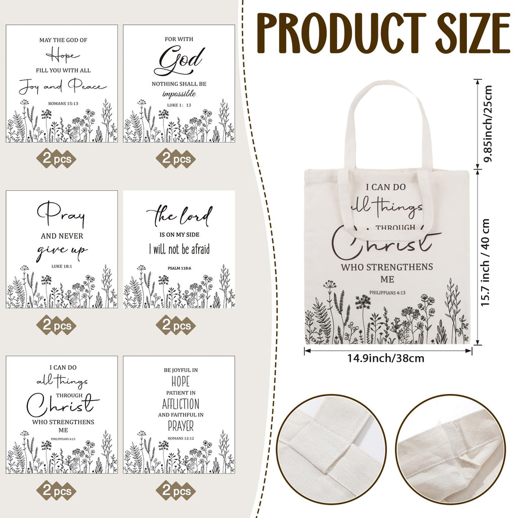 Aliceset 12 Pcs Bible Tote Bags Bulk for Women Christian Religious Bible Verse Canvas Reusable Church Floral Jesus Bags for Church Gifts, 15 x 16 Inches