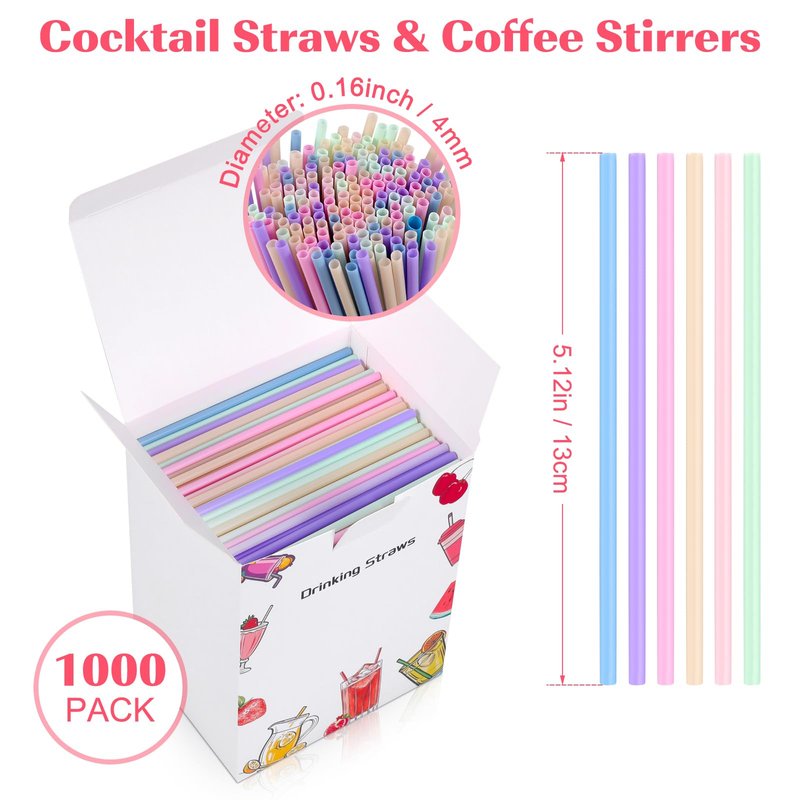 [1000 Pcs] Disposable Plastic Drinking Cocktail Straws - 5 Inch 0.16" Diameter Colorful Cute Short Straws Coffee Stirrers in Bulk for Whiskey, Bar,Cafe, Bachelorette/Birthday Party, Bridal/Baby Shower