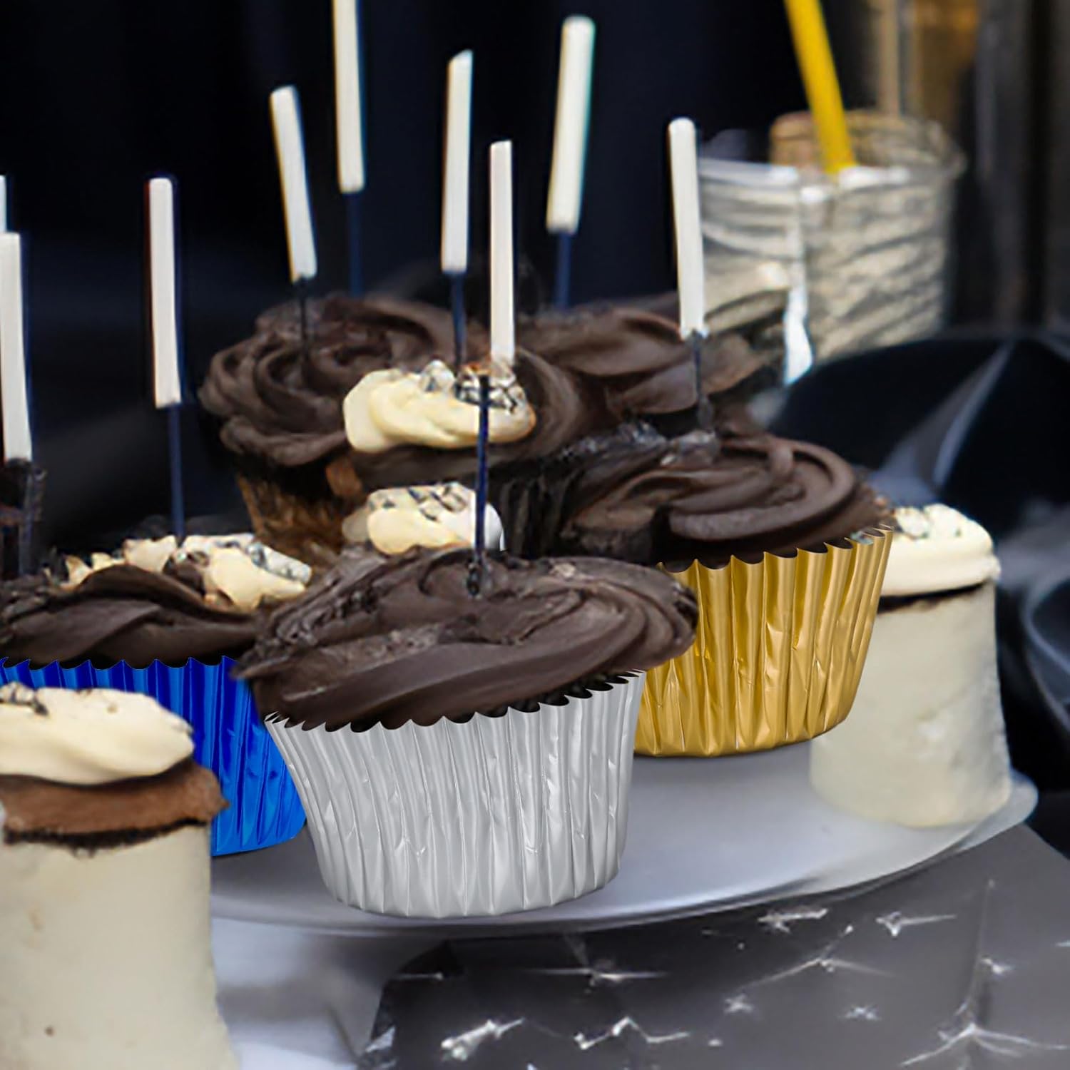 Whaline Graduation Foil Cupcake Liners - 150Pcs Blue Silver Gold Metallic Baking Cups for Parties