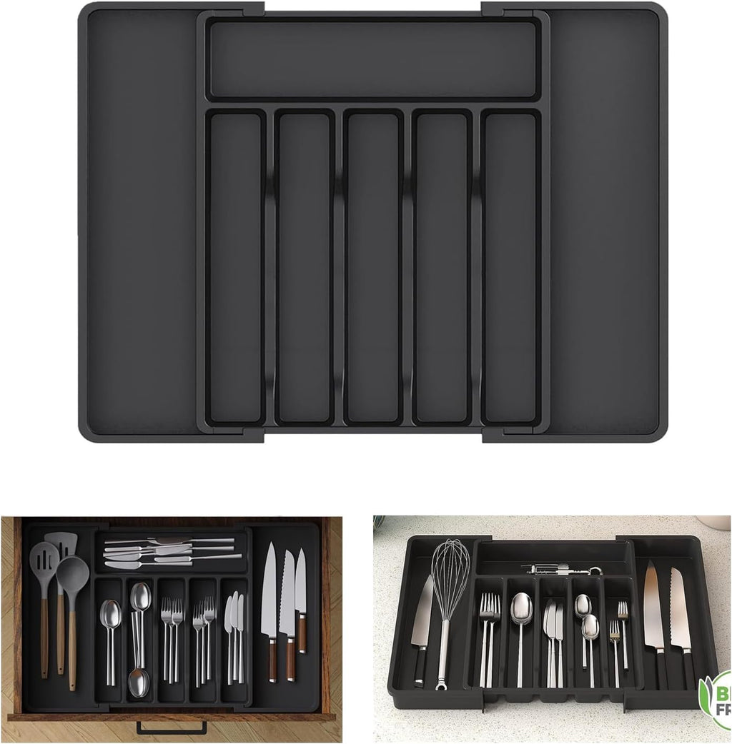 Skiennix Large Expandable Silverware Organizer - BPA-Free Adjustable Utensil Tray for Kitchen Drawers | Cutlery Holder for Forks, Knives & Spoons