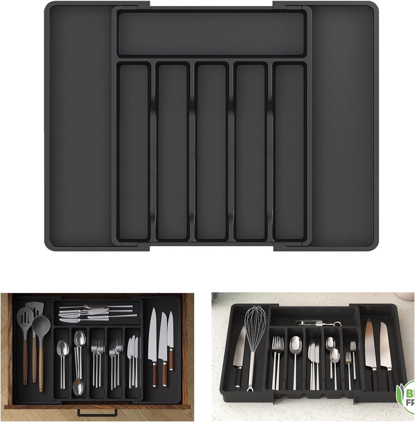 Skiennix Large Expandable Silverware Organizer - BPA-Free Adjustable Utensil Tray for Kitchen Drawers | Cutlery Holder for Forks, Knives & Spoons