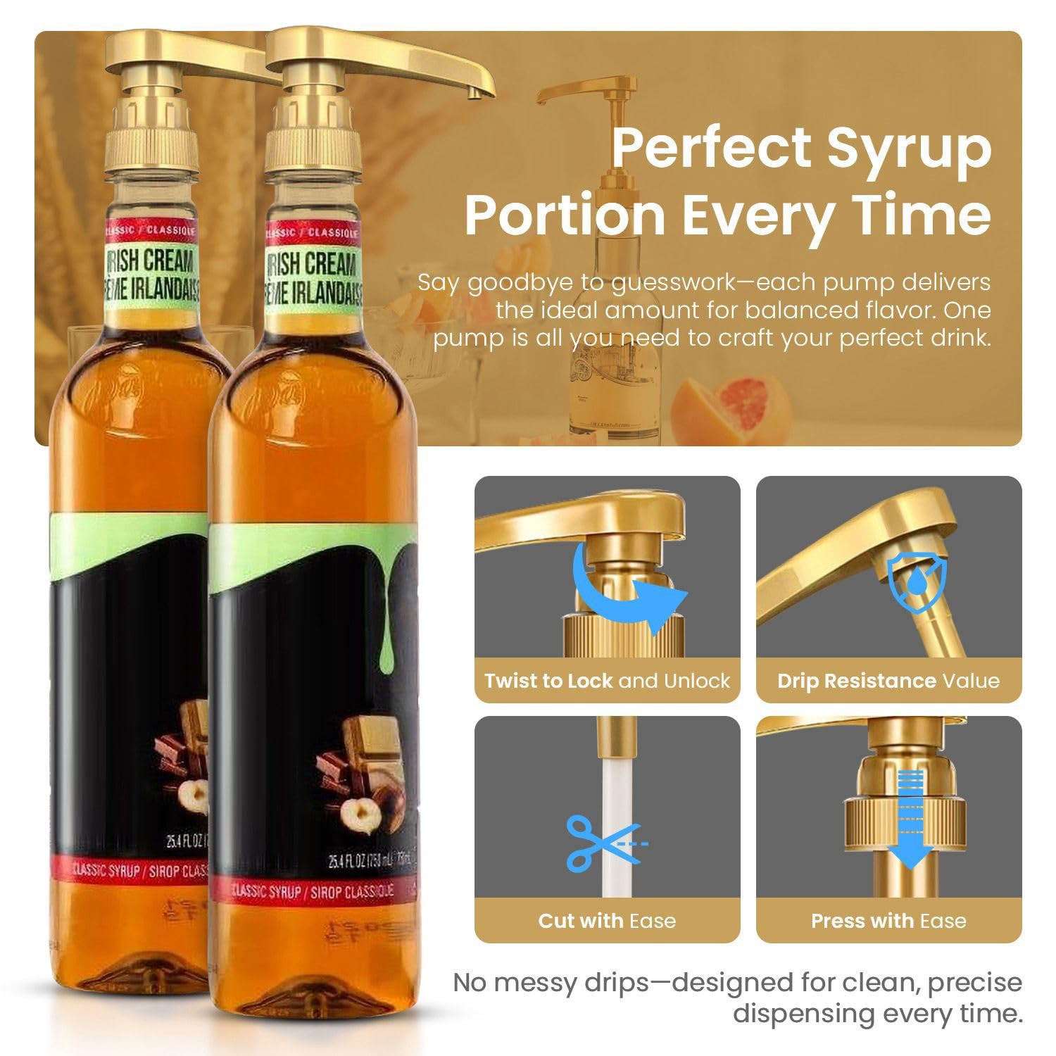Torani Gold Plastic Syrup Pumps - 2-Pack for 750ml Bottles - Ideal Coffee Dispenser - Not for Glass
