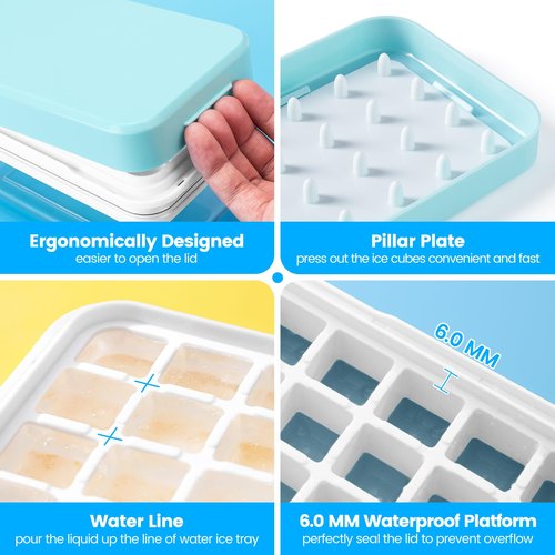 Ice Cube Tray with Lid and Bin, PHINOX 56 pcs Ice Trays for Freezer, Ice Cube Trays for Freezer with 2 trays, Container, Lid & Ice Scoop, BPA Free(28 Cubes/Tier)