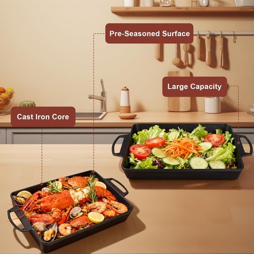 KEESHA Cast Iron Pizza Pan - 9x13 Inch Pre-Seasoned Deep Baking Dish for Casserole, Focaccia & Lasagna