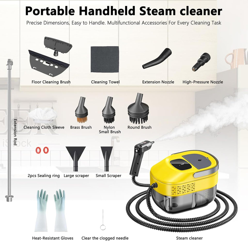 Skiennix Handheld Steam Cleaner - 3 Level Adjustable & Quick 10s Heat-Up | 1.6 Qt Portable Cleaner (Yellow)