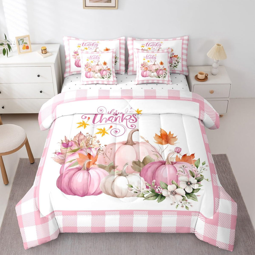 Feelyou Kids Pink Fall Comforter Set Full Size 7 Pieces Comforters Fall Pumpkin Floral Bedding Set Autumn Harvest Grid Bed Set Bed in a Bag with Comforter, Sheets, Pillowcases & Cushion Covers