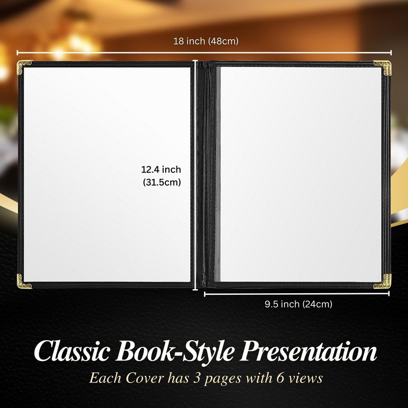 Flexzion Restaurant Menu Covers 8.5 x 11 Inch (6 Pack) - Book Style Bar Menu Holder with 3 Page 6 View - Transparent Clear Menu Book Covers with Gold Metal Corner for Restaurant, Hotel, Cafe