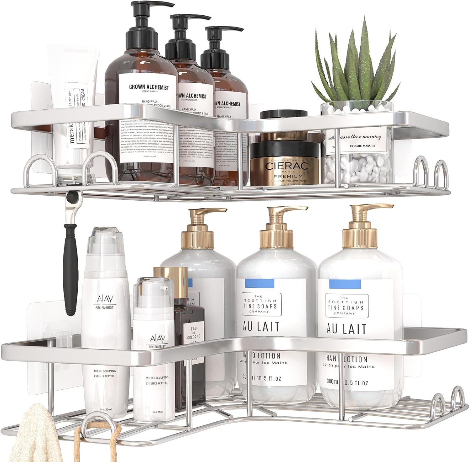 Sakugi Corner Shower Caddy - Rustproof Stainless Steel Organizers with 8 Hooks | No-Drill, Space-Saving Design, Silver, 2 Pack