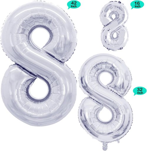 GOER Silver Foil Number 8 Balloons - Huge 42 Inch Birthday Party Decorations (3 Pcs)