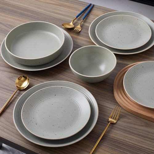 Stone Lain Lauren Stoneware, Rustic Plates and Bowls Set, Dinnerware, Service for 4, Speckled Green, Dishwasher & Microwave Safe, 16-Piece