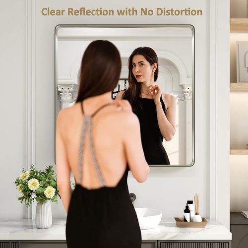 LOAAO Brushed Nickel Bathroom Mirror - 38x38 Inch Rounded Rectangle Design | Anti-Rust & Shatterproof