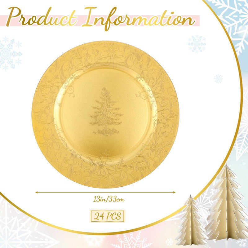 Tioncy 24 Pcs 13'' Christmas Gold Charger Plates Bulk Dinner Plates Plastic Round Charger for Party Plate Table Setting Tree Decorative Wedding Party Serving Restaurant Home Event Tabletop Decoration