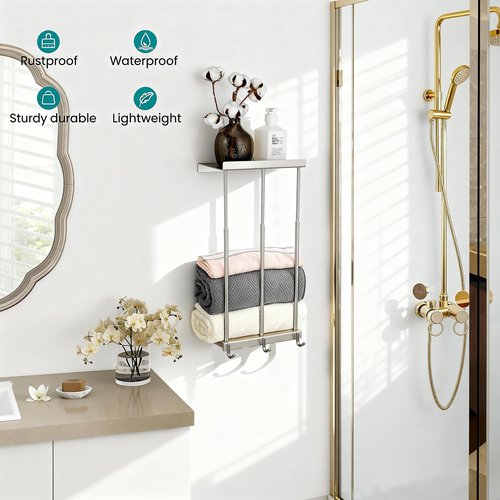 Towel Rack for Rolled Towels, 2-Tier Rolled or Folded Storage Shelves, Telescopic Stainless Steel Towel Holder with Shelf & 3 Hooks, Wall Mounted Bathroom Storage Cabinets for Modern Small Space Decor