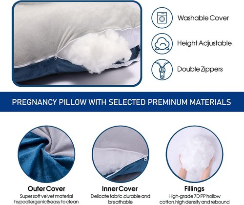 Cauzyart U-Shape Pregnancy Maternity Pillow - 55 Inches Full Body Support for Back, Hips, Legs & Belly with Removable Velvet Cover