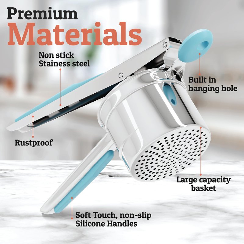 PriorityChef Large 15oz Potato Ricer With 3 Discs, Heavy Duty Stainless Steel Potato Ricer for Mashed Potatoes, Potato Masher, Press and Ricer Kitchen Tool, Turquoise