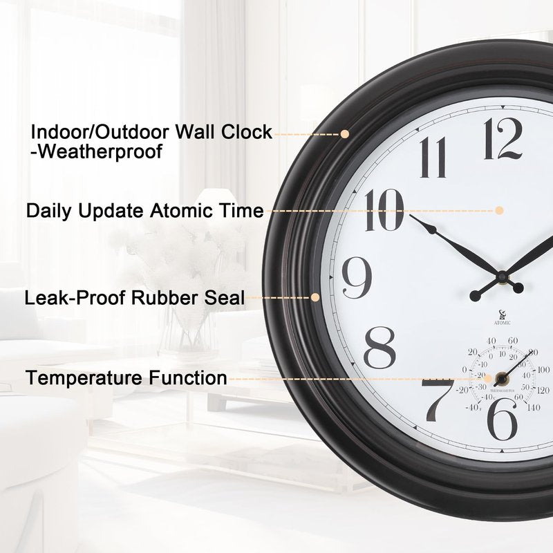 Aurowit Atomic Outdoor Wall Clock 18 Inch Sealed Outdoor Waterproof Clock with Temperature, Auto-Set Time, Easy to Read - Large Patio, Pool Clock for Outside, Backyard, Garden