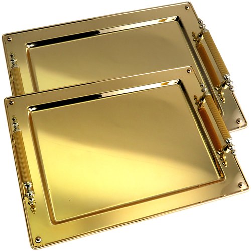 Maro Megastore (Pack of 2) 17.4 inch x 13 inch Rectangular Iron Gold Plated Serving Tray with Handles Simple Stylish Decorative Birthday Wedding Buffet Wine Decor Platter Plate Base Dish FST-001