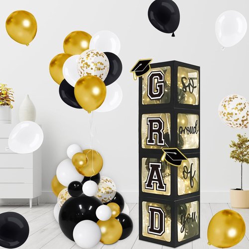 DAZONGE Graduation Decorations 2026 - Black & Gold Set with 4 Grad Boxes, 139pcs Balloon Arch & Lights