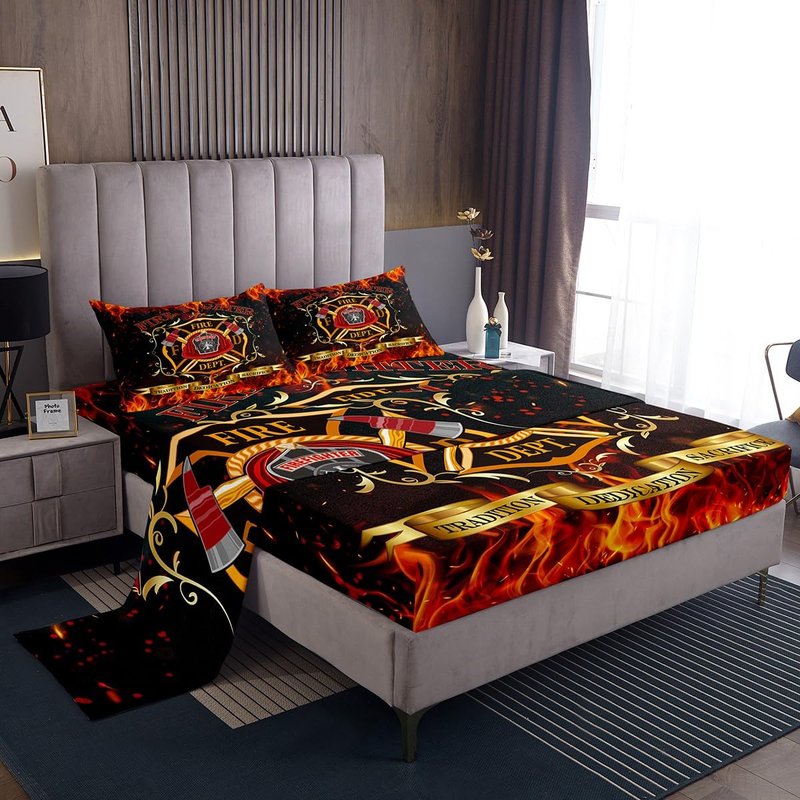 Castle Fairy Firefighter Theme Bed Sheet Queen Set Burning Flame Sheets Sets Adults Bedroom Decor Fireman Sign Microfiber Bedding Set with Flat,Fitted Sheet,2 Pillow Cases