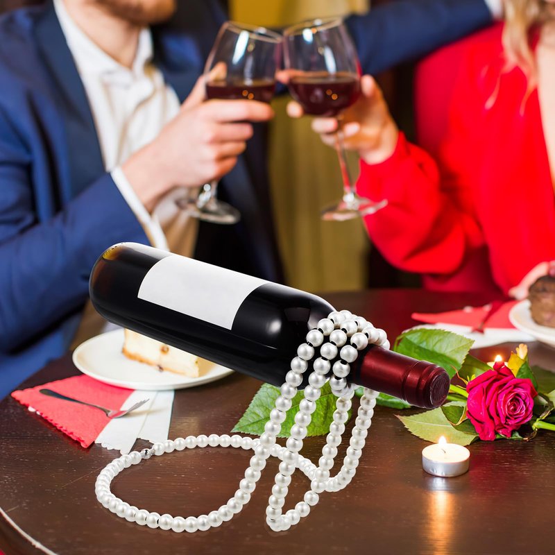 BESPORTBLE Artificial Pearl Necklace Floating Wine Rack, Metal Wine Bottle Holder Novelty Single Wine Bottle Stand for Bar and Home Decoration