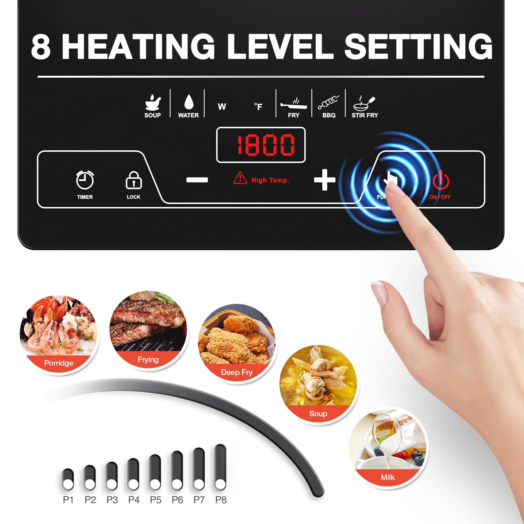 VBGK Single Burner Electric Cooktop,1800W Electric Stove Top Portable Cooktop LED Touch Control,8 Power Levels, Kids Lock