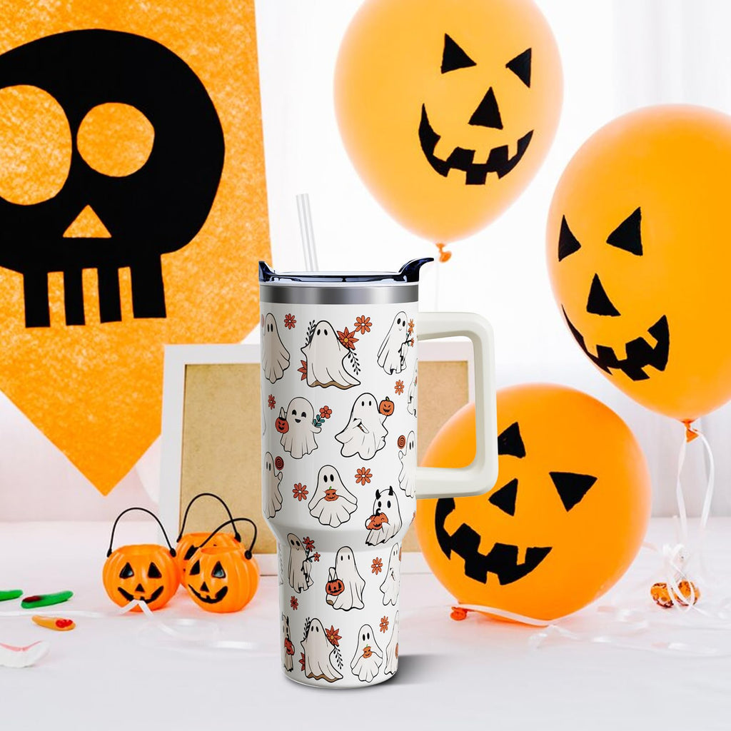 Sabobo Halloween Spooky Cup Gifts for Women Men, Cute Ghost 40oz Tumbler with Handle and Straw, Holiday Stainless Steel Insulated Water Bottle (1 PC)