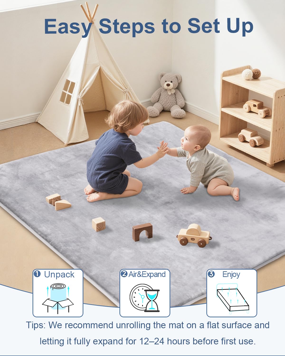SEPARO Thick Baby Play Mat - Ultra Soft Foam Tummy Time Mat | Non-Slip Cushioned 50x50 Grey