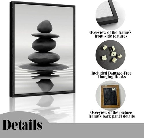 DCMVJHZV Framed Black and White Bathroom Wall Art - Zen Stones Meditation Print (12"x16") for Spa & Living Room Decor