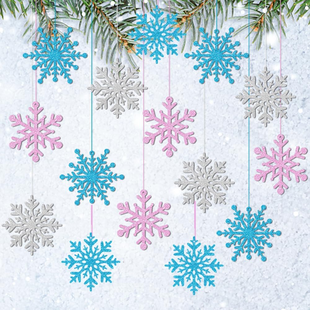 Skiennix Winter Snowflake Hanging Ornaments - Sparkly Ceiling Streamers for Christmas & New Year | Glitter Pink, Blue, Silver