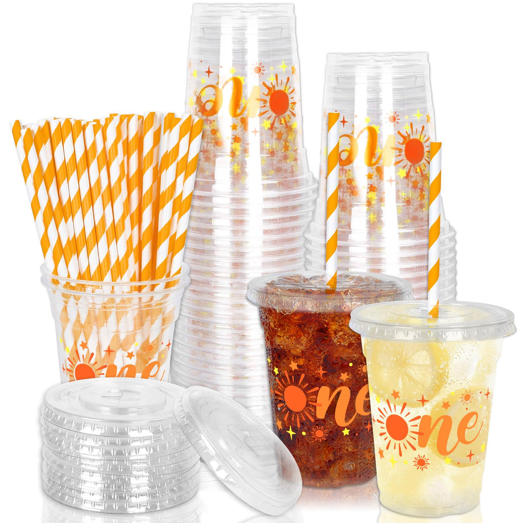 Whaline 50Pcs One Sun Disposable Plastic Cups with Lids and Straws 12 oz Boho Sunshine Party Cups Cold Beverage Drinking Cups for First Birthday Baby Shower Party Supplies