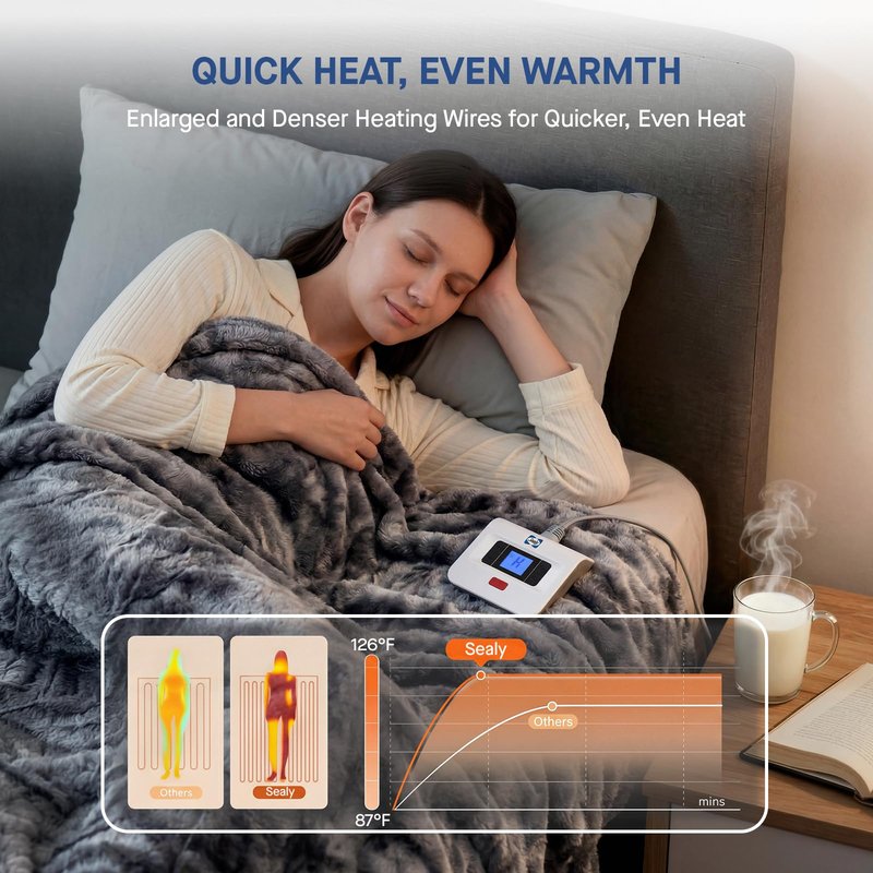 Sealy Electric Blanket Twin Size, Faux Fur & Flannel Fast Heated Blanket with 10 Heating Levels & 1-12 Hours Auto Off, Machine Washable, Grey, 62x 84 Inch