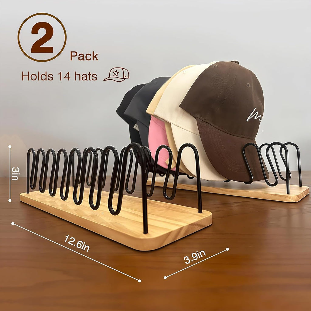 UdoUto Hat Organizer for Baseball Caps - 2 Pack | Space-Saving Wood & Metal Rack Holds 14 Caps