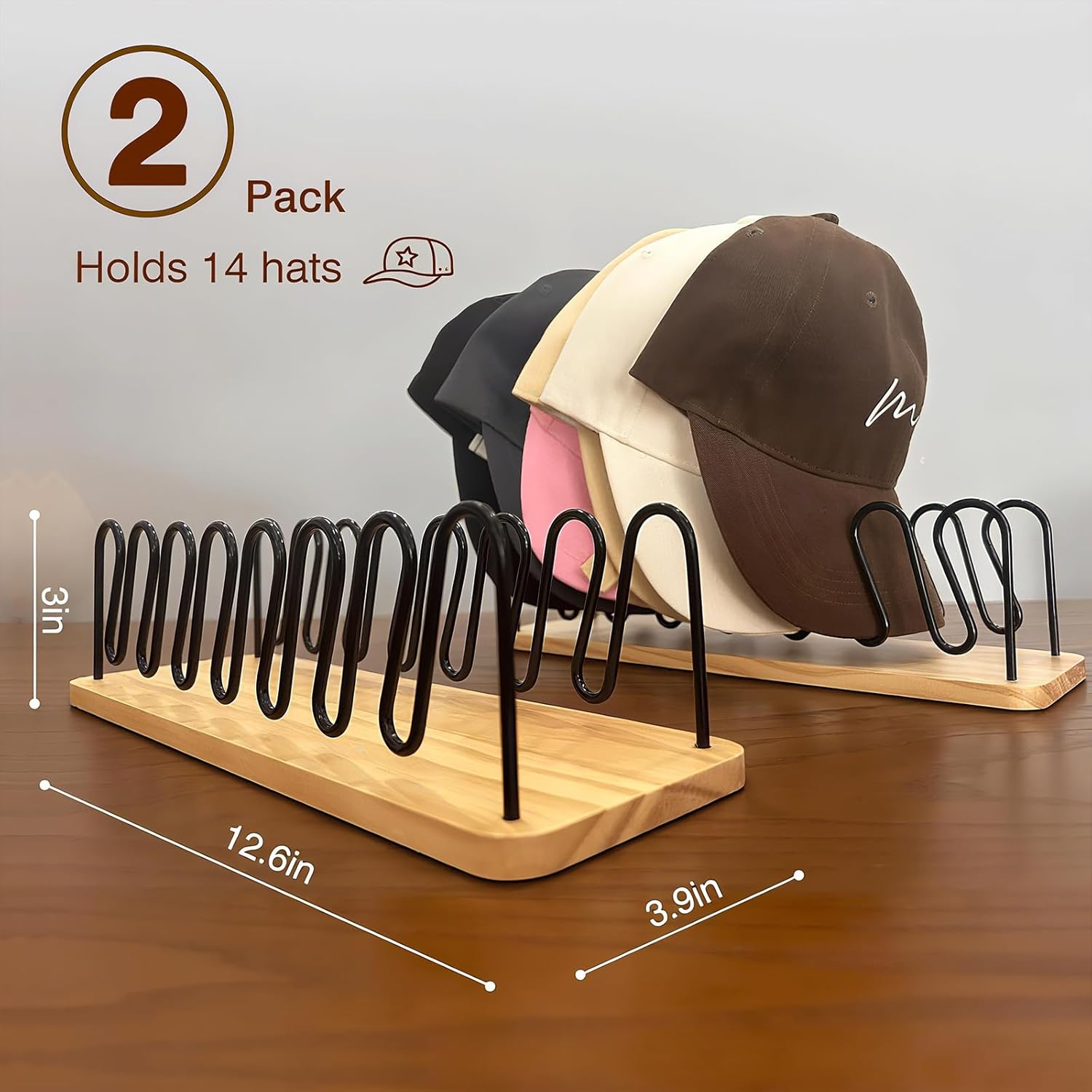 UdoUto Hat Organizer for Baseball Caps - 2 Pack | Space-Saving Wood & Metal Rack Holds 14 Caps