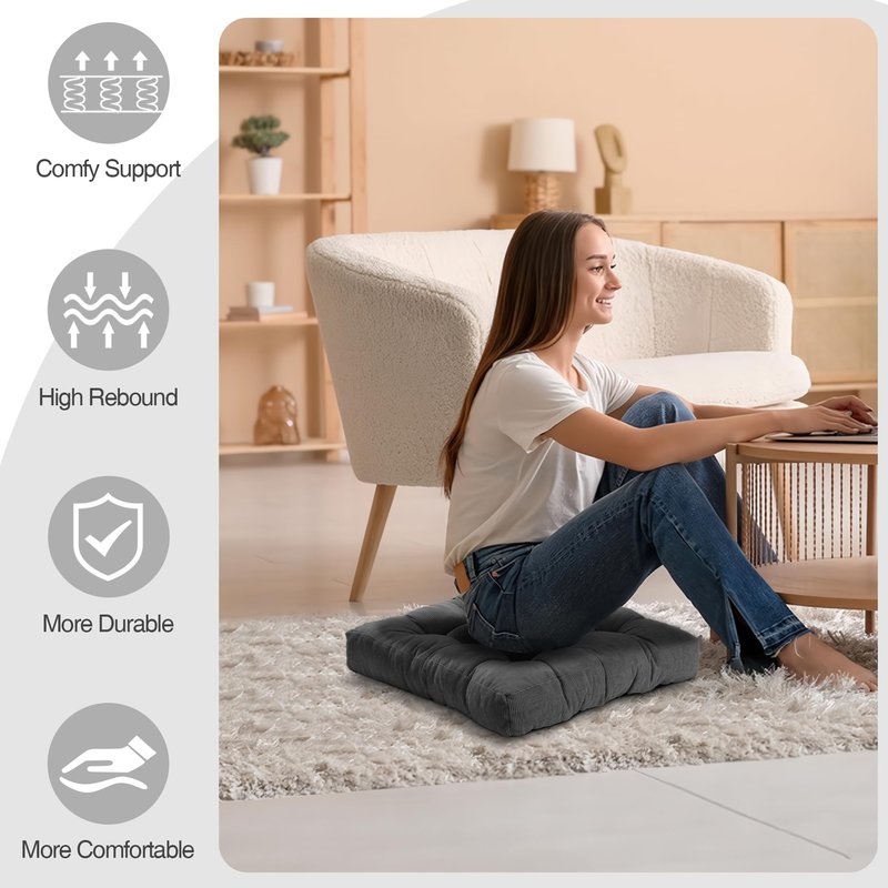 PAROLL Floor Pillow Cushions for Adults Sitting Large Big Pillows for Floor Seating Square Memory Foam Thick Tufted, 22 x 22 Inch, Set of 2, Dark Grey