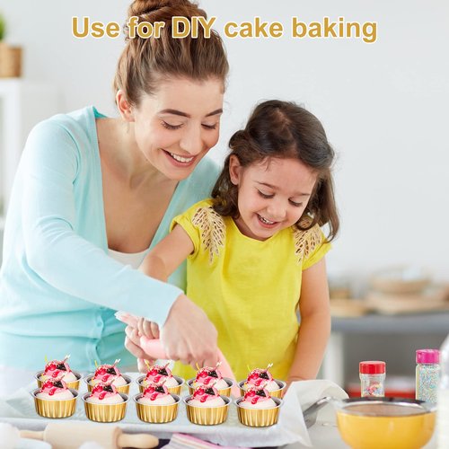 Gandeer 200 Pack Aluminum Foil Cupcake Liners with Lids, 5 oz Round Baking Cup,Disposable Tart Pie Ramekin Container for Ramadan, Easter, Wedding Party(Gold,Plain)