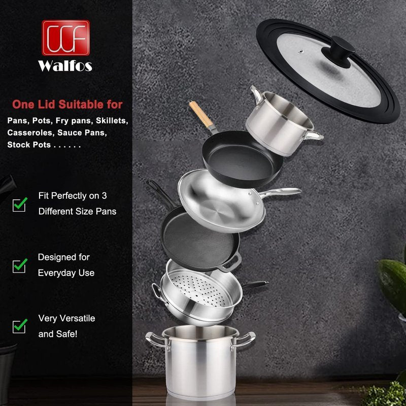 Walfos Universal Lid for 9.5", 10.5" and 11" Diameter Cookware, Fits Pots, Pans and Skillets - Walfos Tempered Glass Pan Lid with Heat Resistant Silicone Rim, BPA Free Pot Lids, Dishwasher-Safe, Black