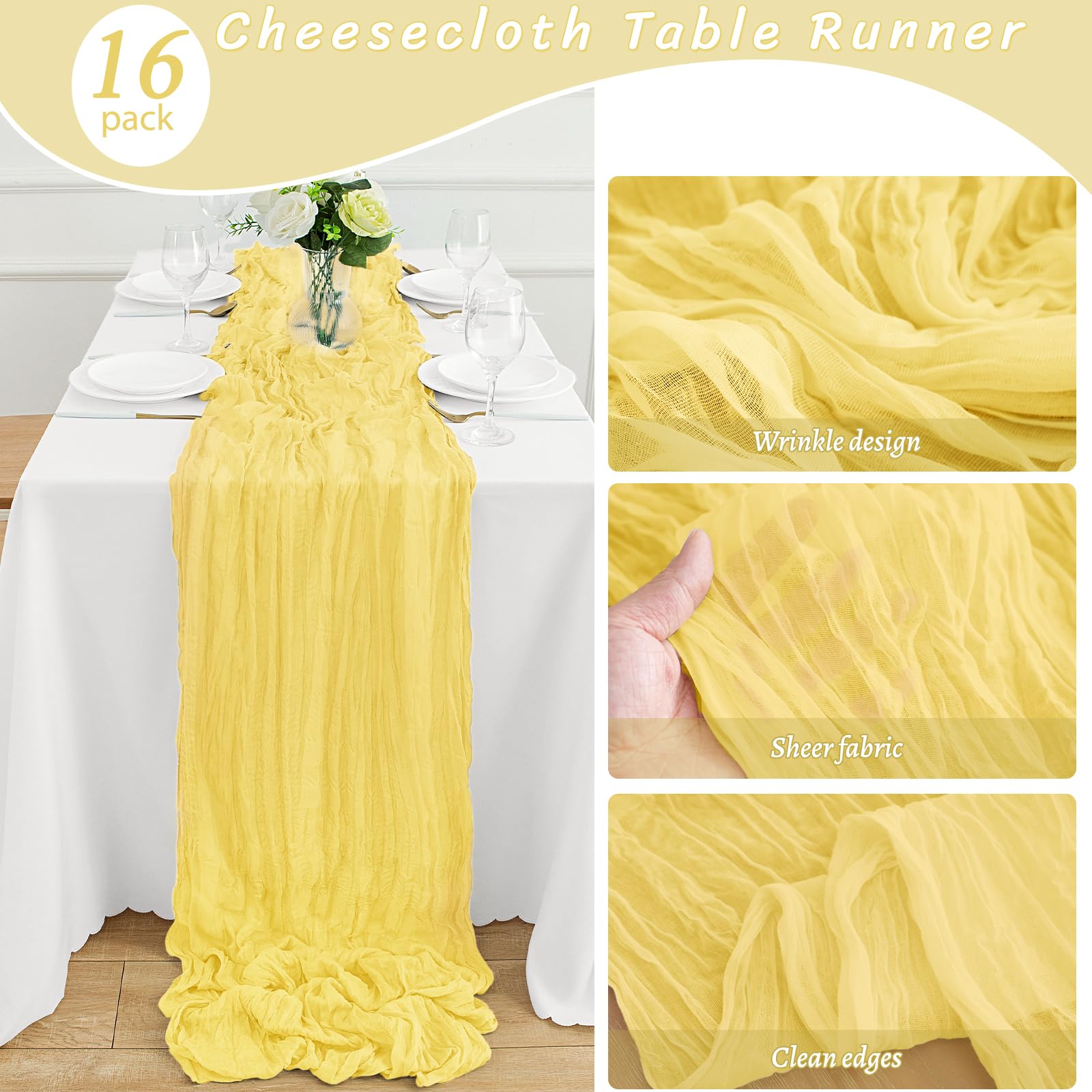 16Pack Light Yellow Cheesecloth Table Runner 10FT Yellow Gauze Table Runner 35x120Inch Long Boho Spring Easter Table Runners Rustic Sheer Table Runners for Wedding Baby Bridal Shower Decor