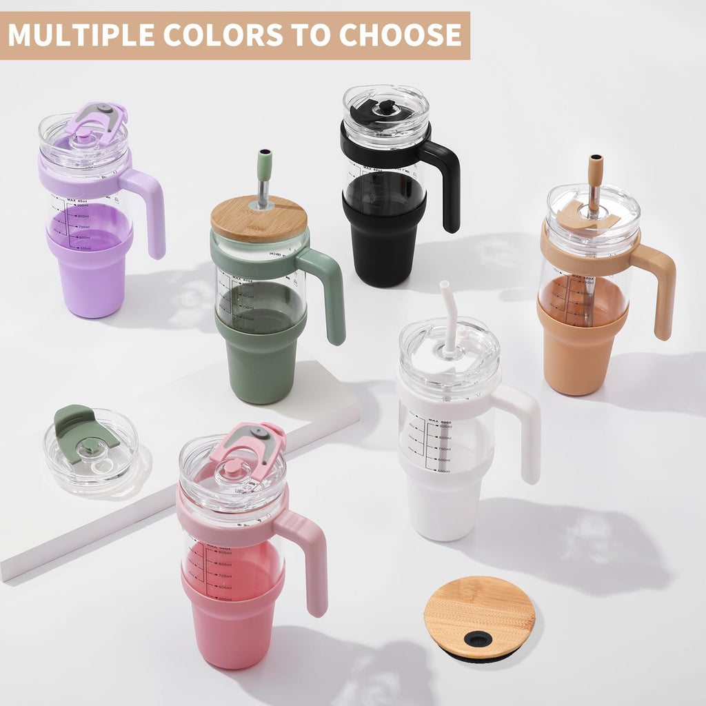 Chunmo 40 oz Glass Tumbler with 2 Lids - Bamboo Straw Lid & 2-in-1 Sip and Flip Straw Lid, Iced Coffee Cup with Handle, Glass Water Bottle with Silicone Sleeve, BPA Free - 1 Pack