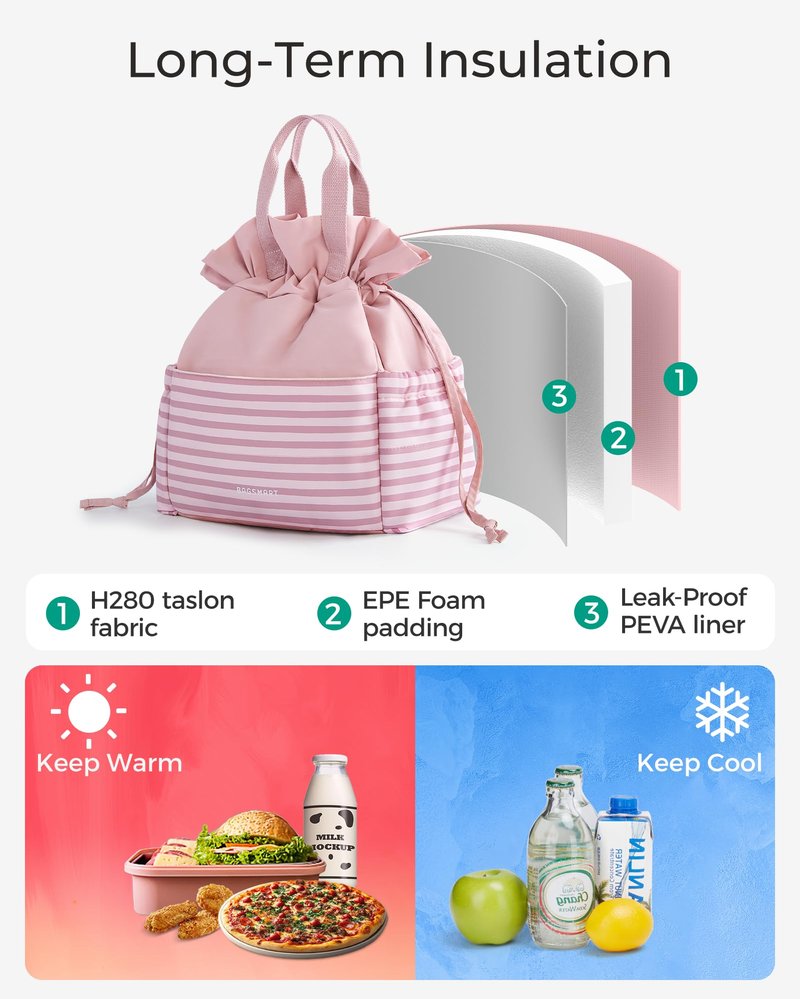BAGSMART Lunch Bag Women Cute Lunch Box Drawstring Tote Cooler with Multi-Pockets Cinch Closure Insulated Tote for Work, Office, Outdoors