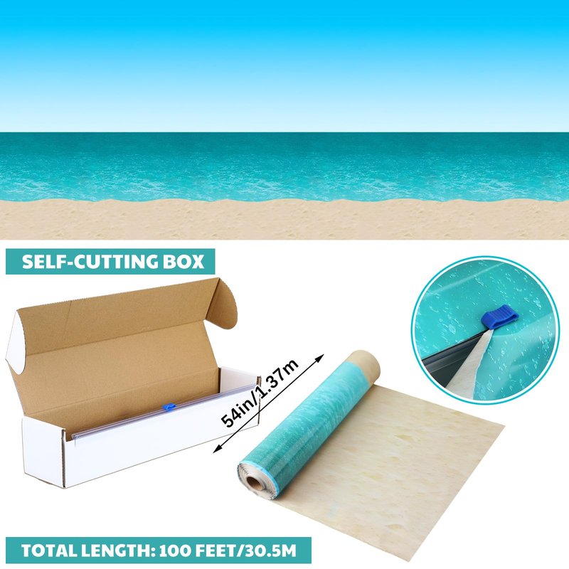 Oudain 54 Inch x 100 ft Ocean Beach Wall Backdrop Tablecloth Roll with Cutter Box Plastic Tropical VBS 2026 Photography Background Ocean Waves Wallpaper Summer Birthday Party Decoration