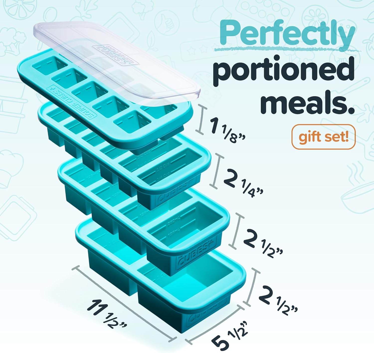 Souper Cubes Silicone Freezer Molds Set - Meal Prep Trays with Lids, 2 Tbsp, 1/2, 1 & 2 Cup - Aqua