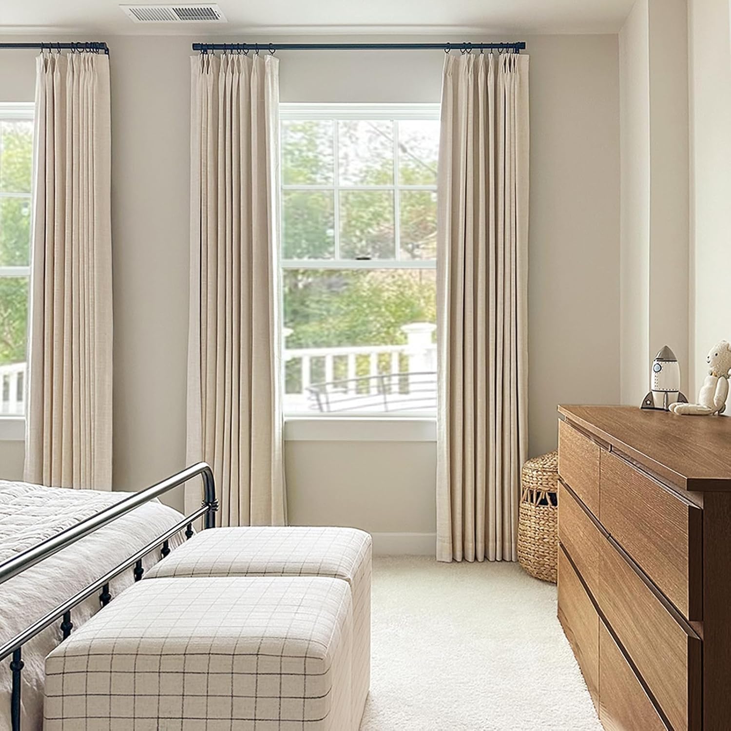 Skiennix 100% Blackout Curtains - Textured Pinch Pleated Drapes, Cream, 84" Long, 2 Panels Set