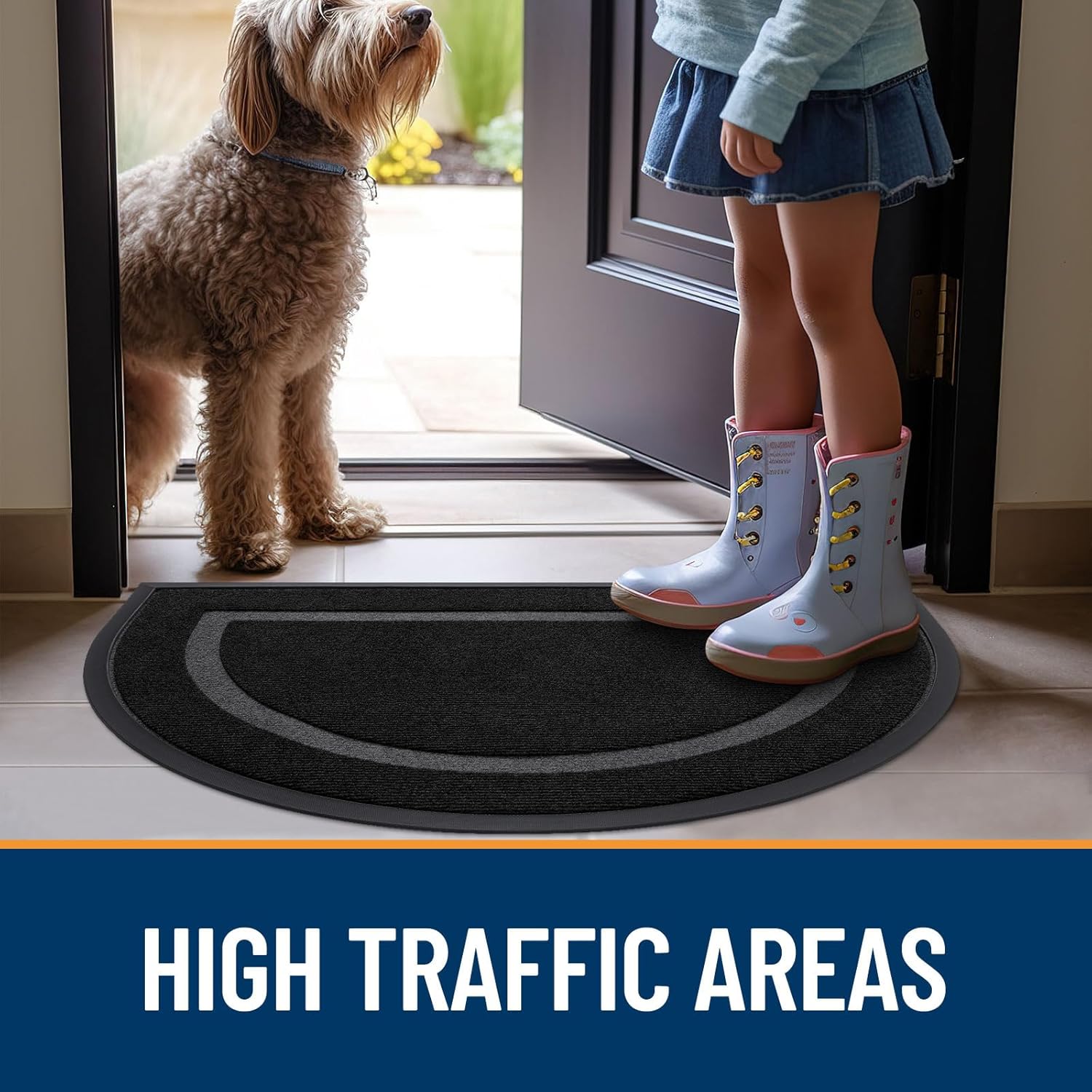 OLANLY Black 2-Piece Door Mat Set - Half Circle & Geometric Design (29.5"x17") for Stylish Entryways